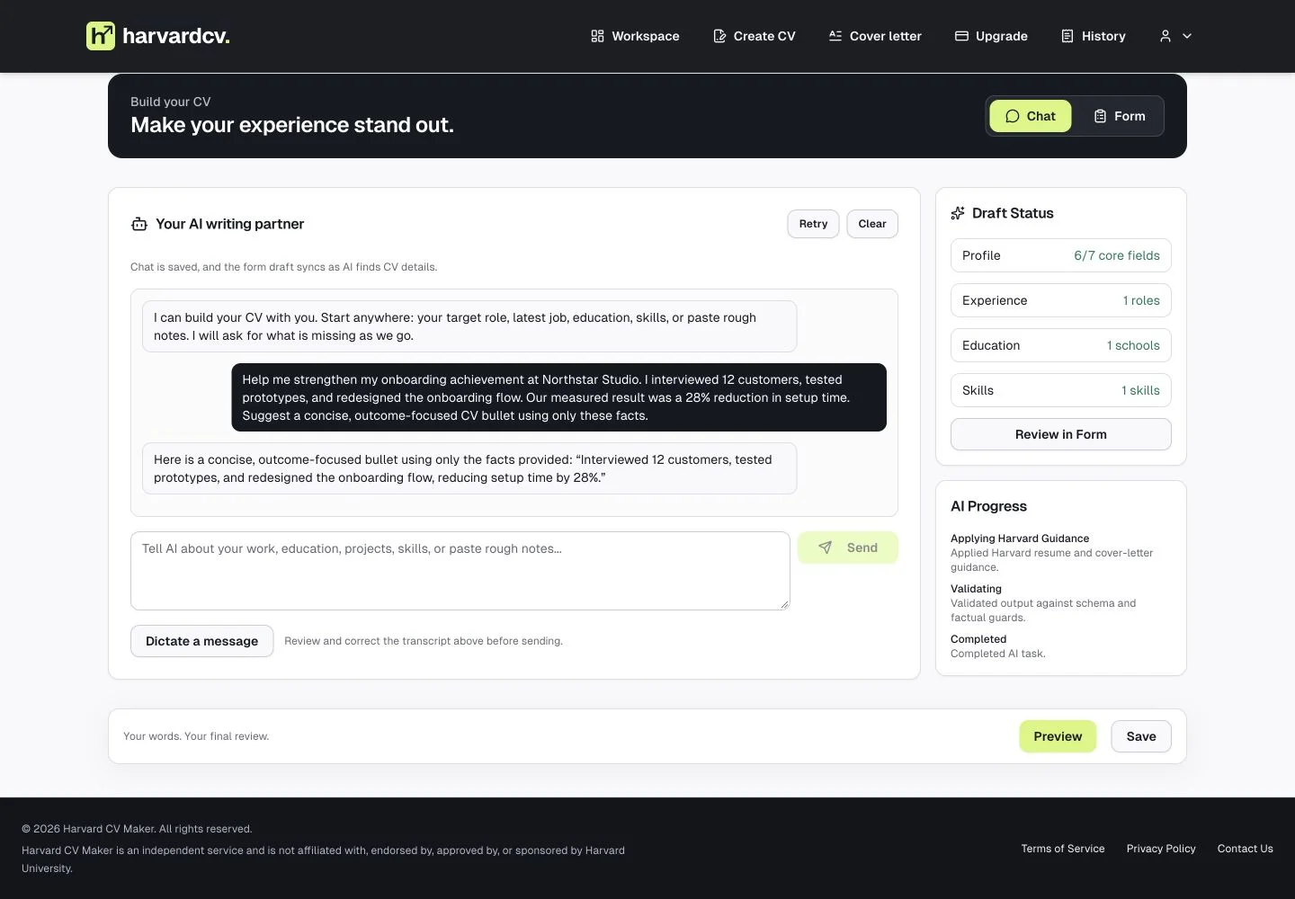 Real AI chat showing a user's request and a recommended achievement bullet
