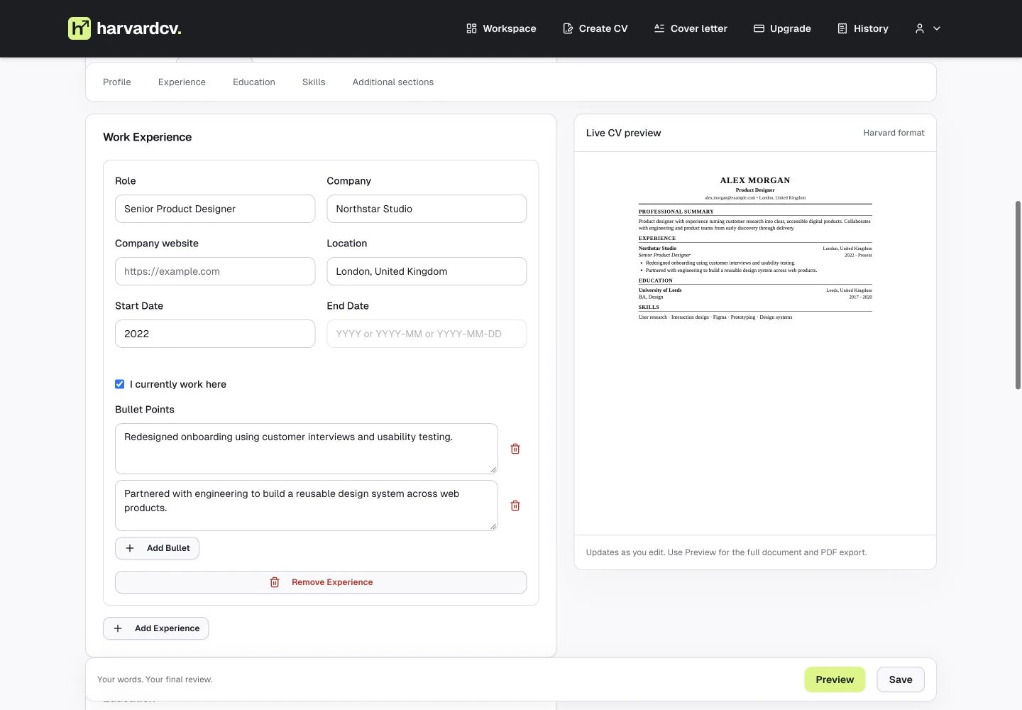 Actual form editor with experience fields and a live Harvard-format CV preview