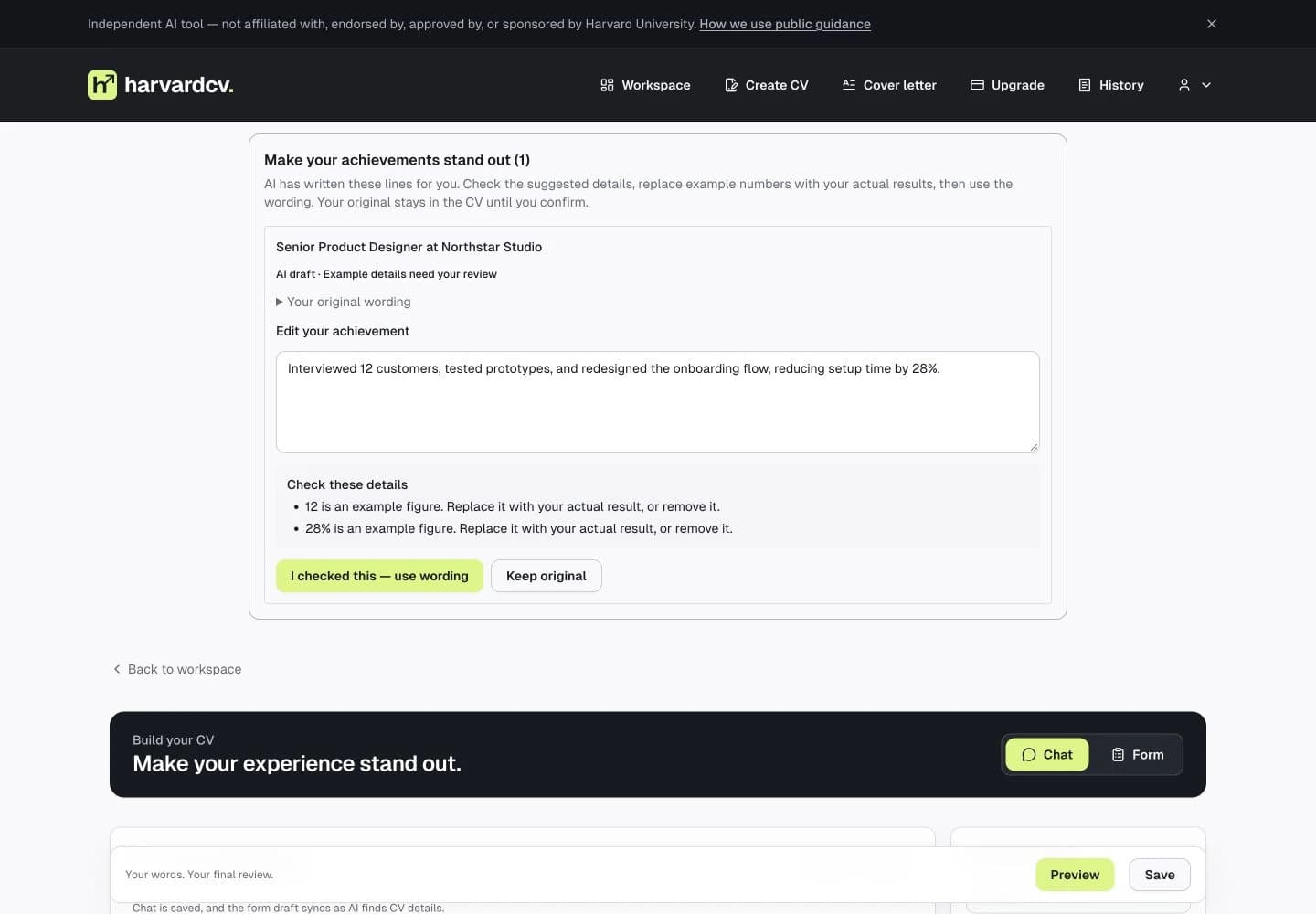 Actual AI achievement review with editable wording, flagged details, use wording and keep original controls