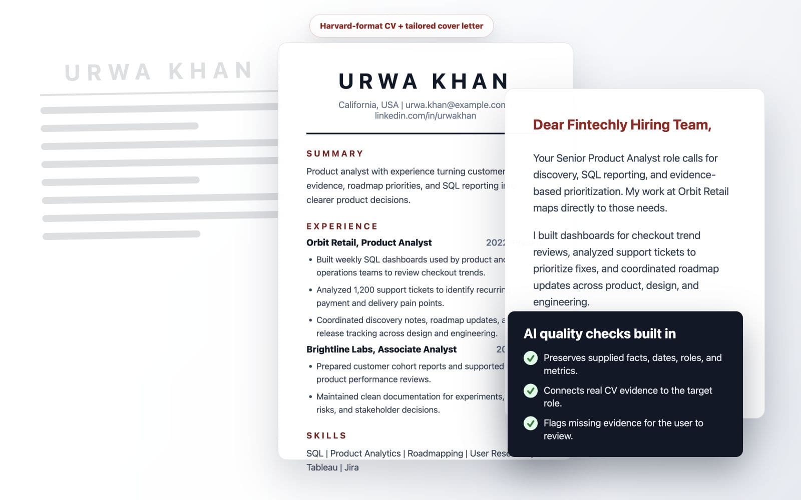 Preview of a Harvard-format CV, cover letter, and AI quality checks