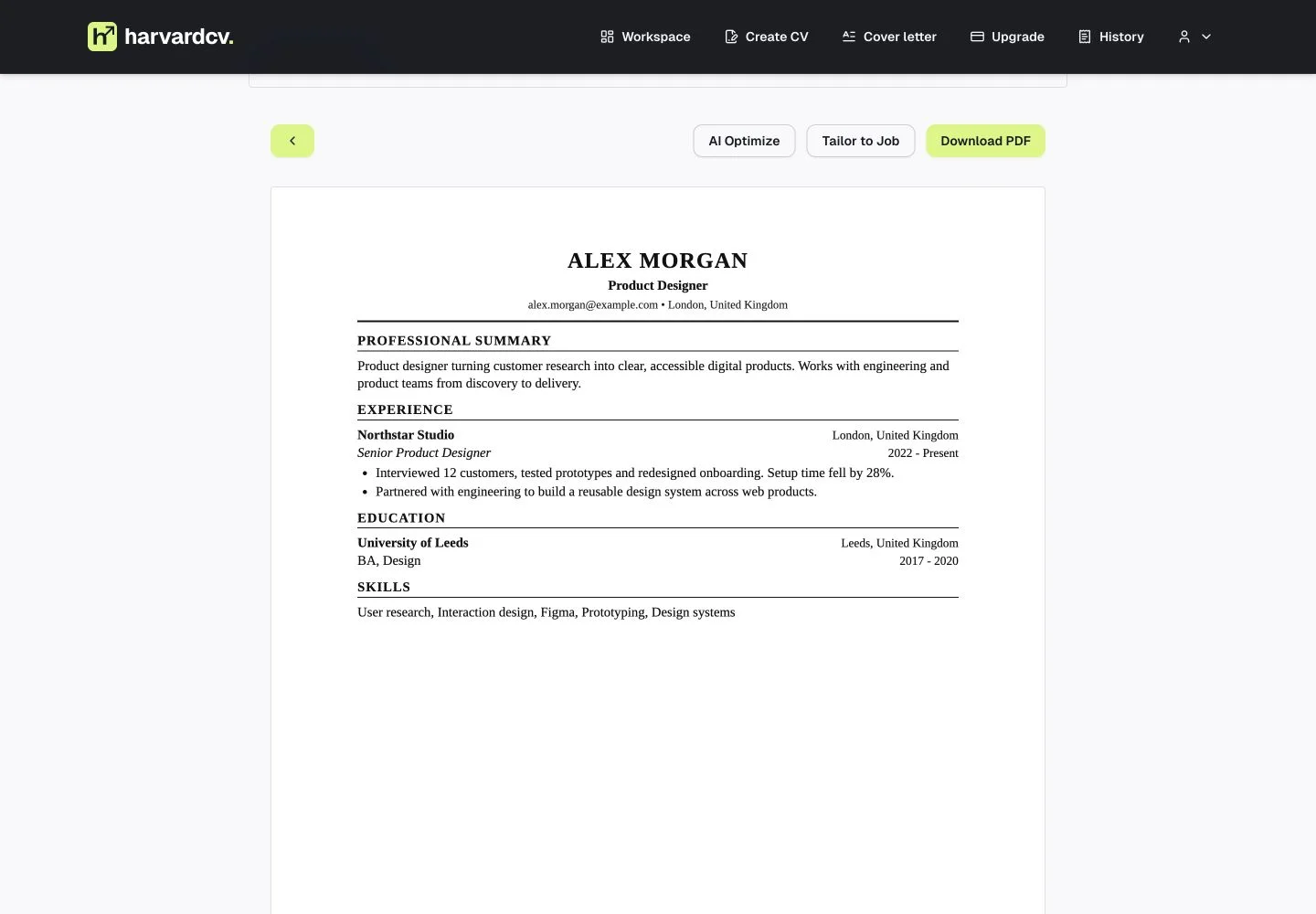 Actual Harvard-format CV preview generated from an uploaded sample CV