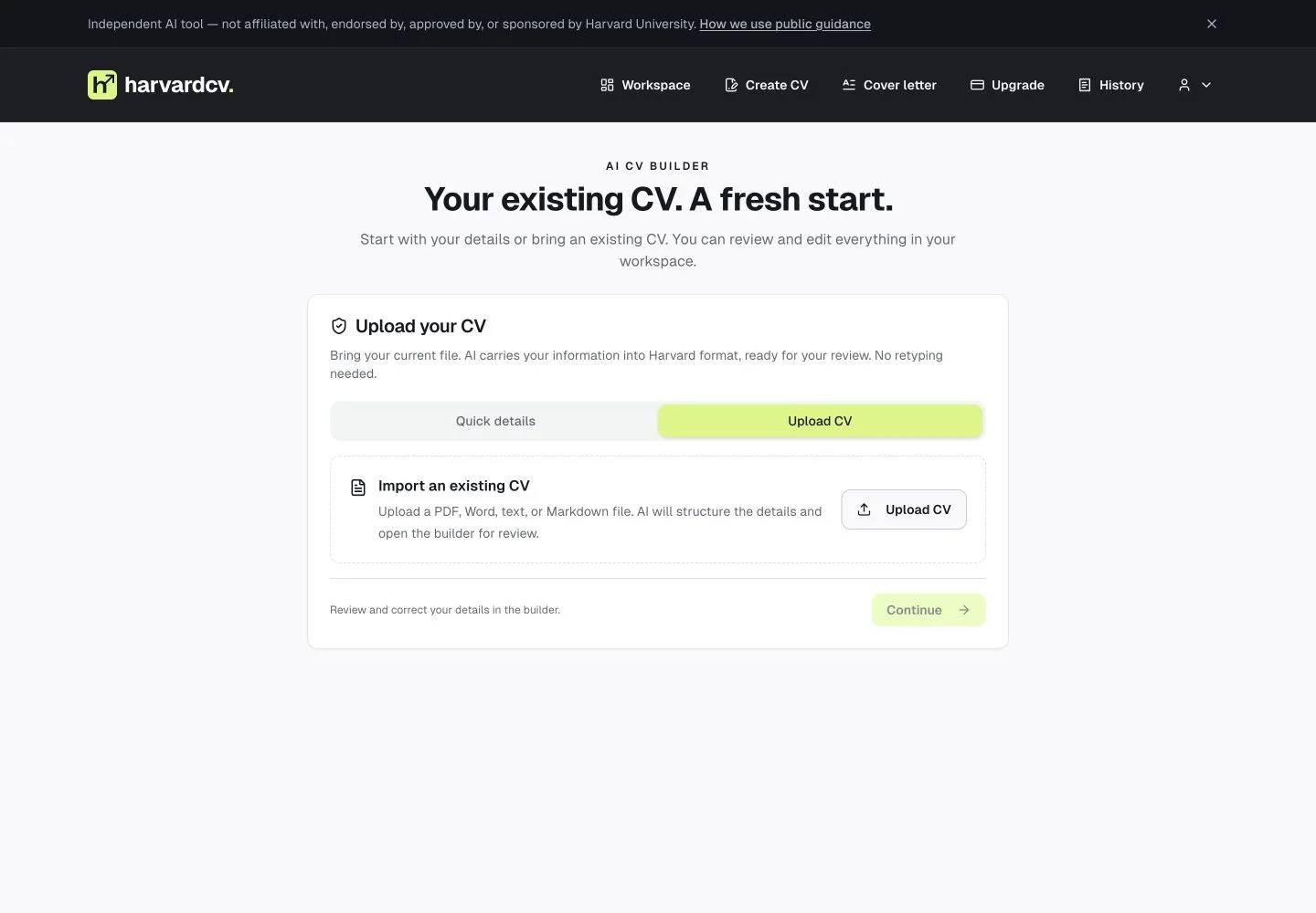 Actual CV upload screen with Upload CV selected and the file upload button